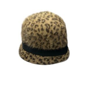 Jessica Simpson Leopard Print Angora Blend Cloche Hat Black Ribbon Winter Fuzzy